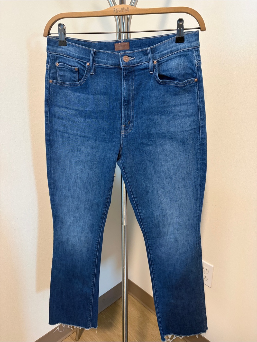 MOTHER Cropped Ankle Straight Jeans in Mid Blue